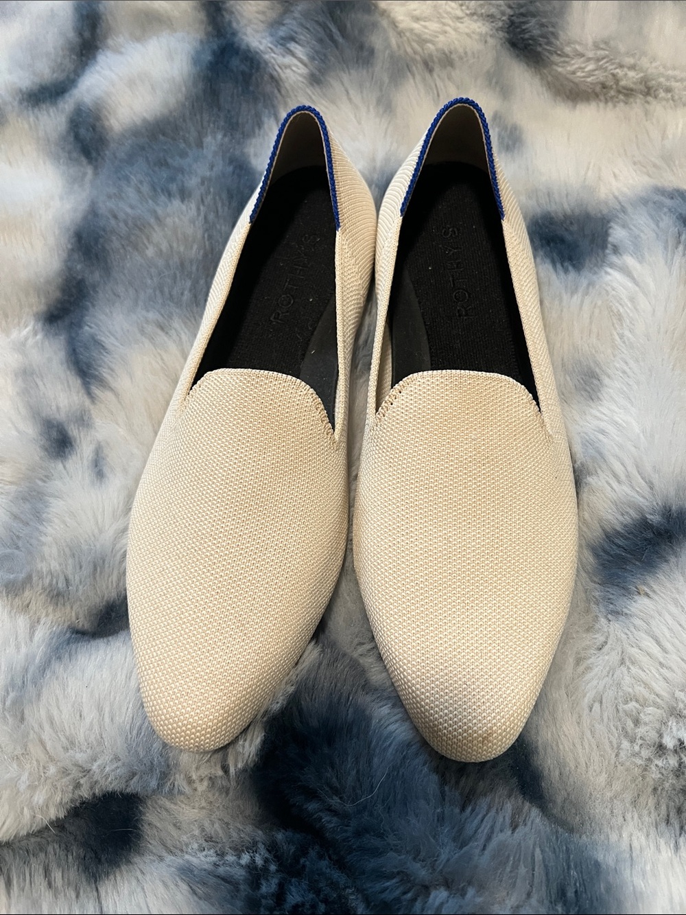 Rothy's Cream Slip-On Loafers with Blue Trim